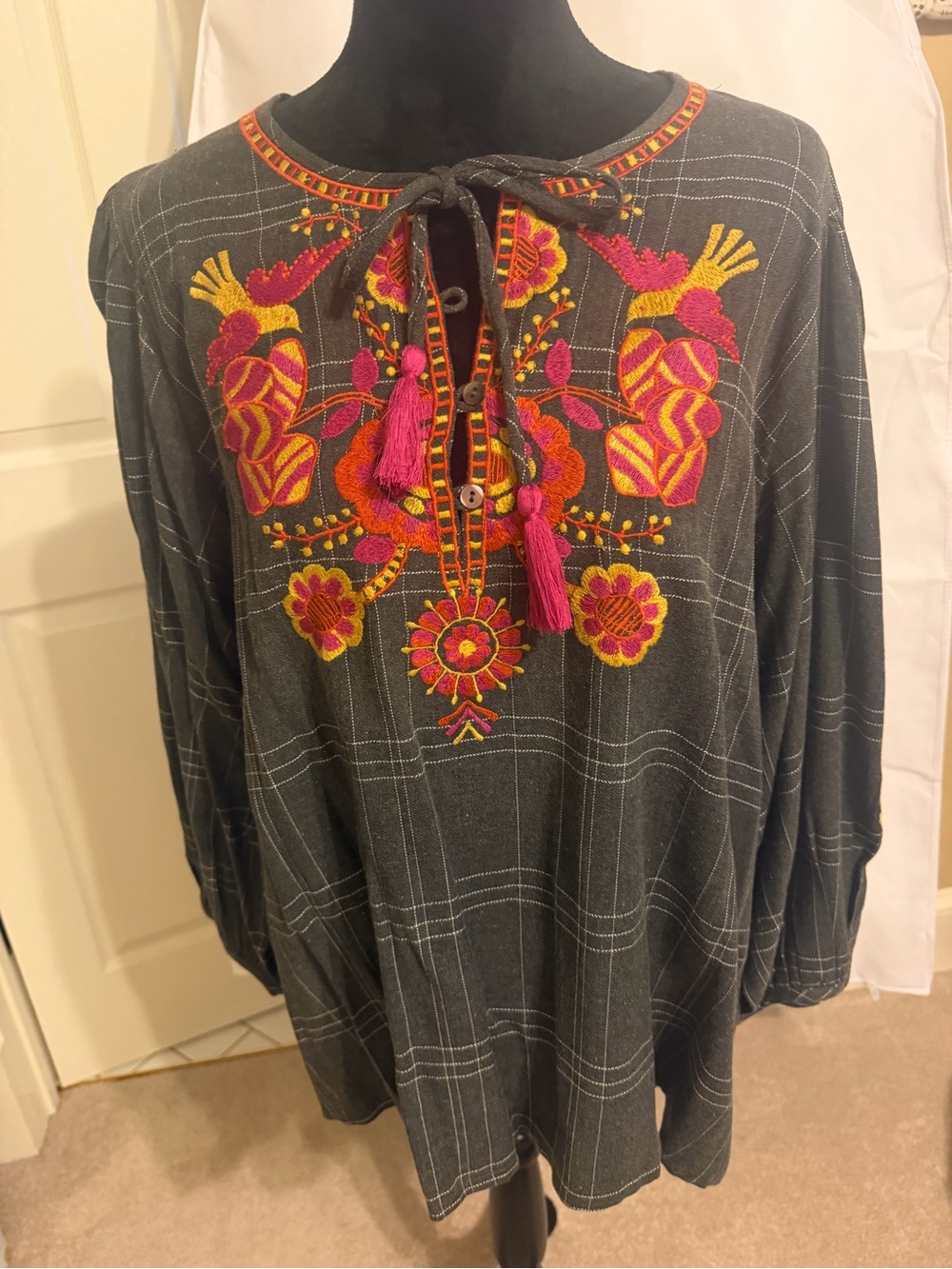 ivy jane Charcoal Tunic Dress with Pink & Yellow Embroidery